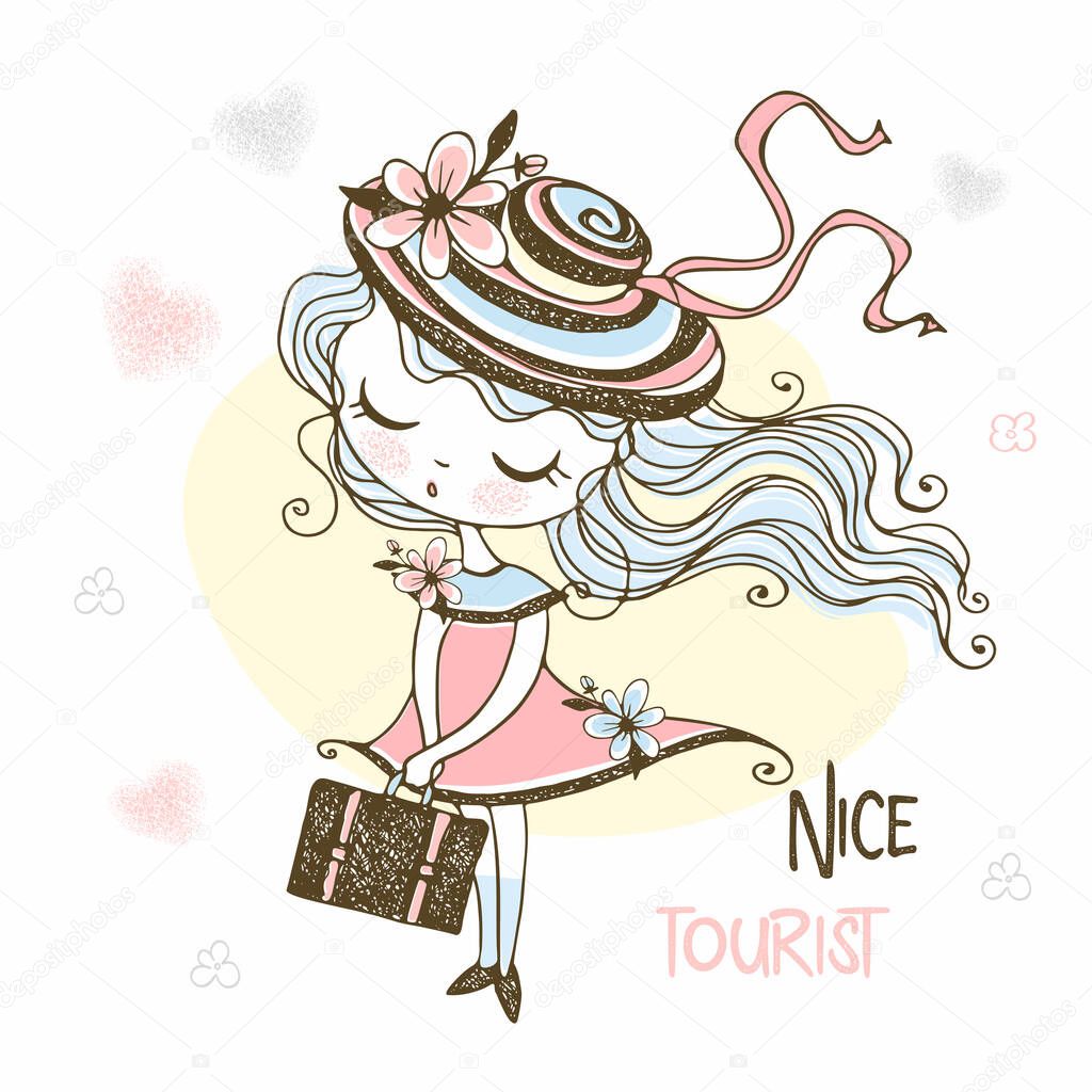 Cute tourist girl in a hat with a suitcase. Vector.