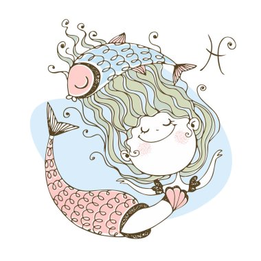 Çocuk zodyakı. Balık burcu burcu. Sevimli küçük denizkızı. Vektör.