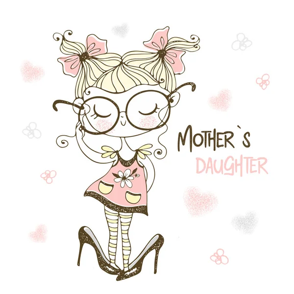 Une Petite Fille Mignonne Posant Dans Les Grandes Chaussures Mère — Image vectorielle