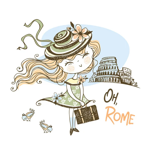 Una Buena Chica Con Sombrero Viaja Roma Viajar Vector — Vector de stock