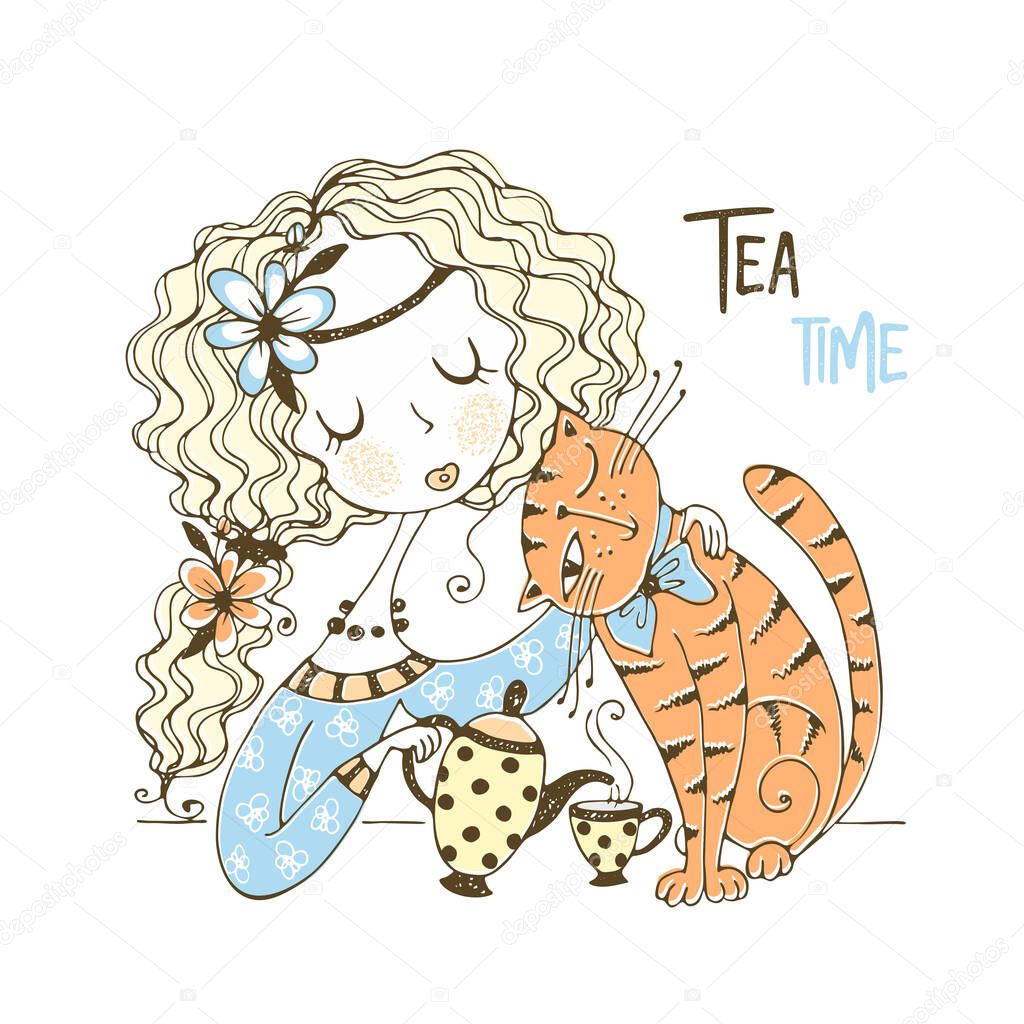 A cute girl is drinking tea with her pet cat. Vector.