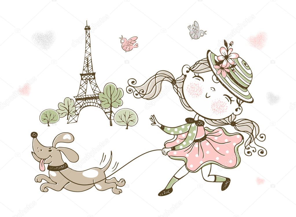 Cute little girl walking her dog in Paris. Vector.
