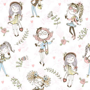 Güzel ve modaya uygun genç kızlarla kusursuz bir düzen. Vektör.