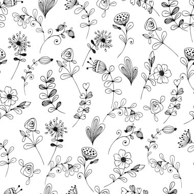 Siyah beyaz desenli karalama çiçeği deseni. Vektör .