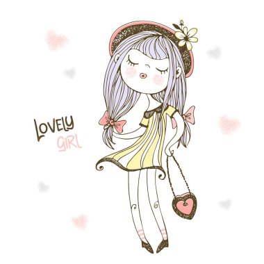 Şapkalı ve çantalı şık bir genç kız. Vektör.