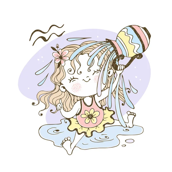 Детский Зодиак Знак Водолея Милая Девочка Промокла Воде Вектор — стоковый вектор
