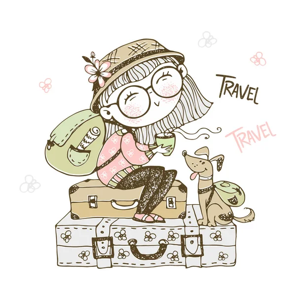 Cute Girl Tourist Backpack Sitting Suitcases Her Dog Vector — Stock Vector