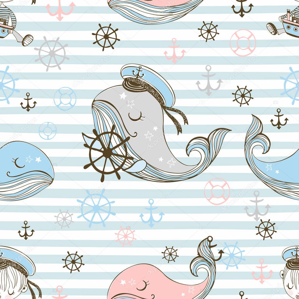Seamless pattern on a marine theme. Striped background with whales. Vector.