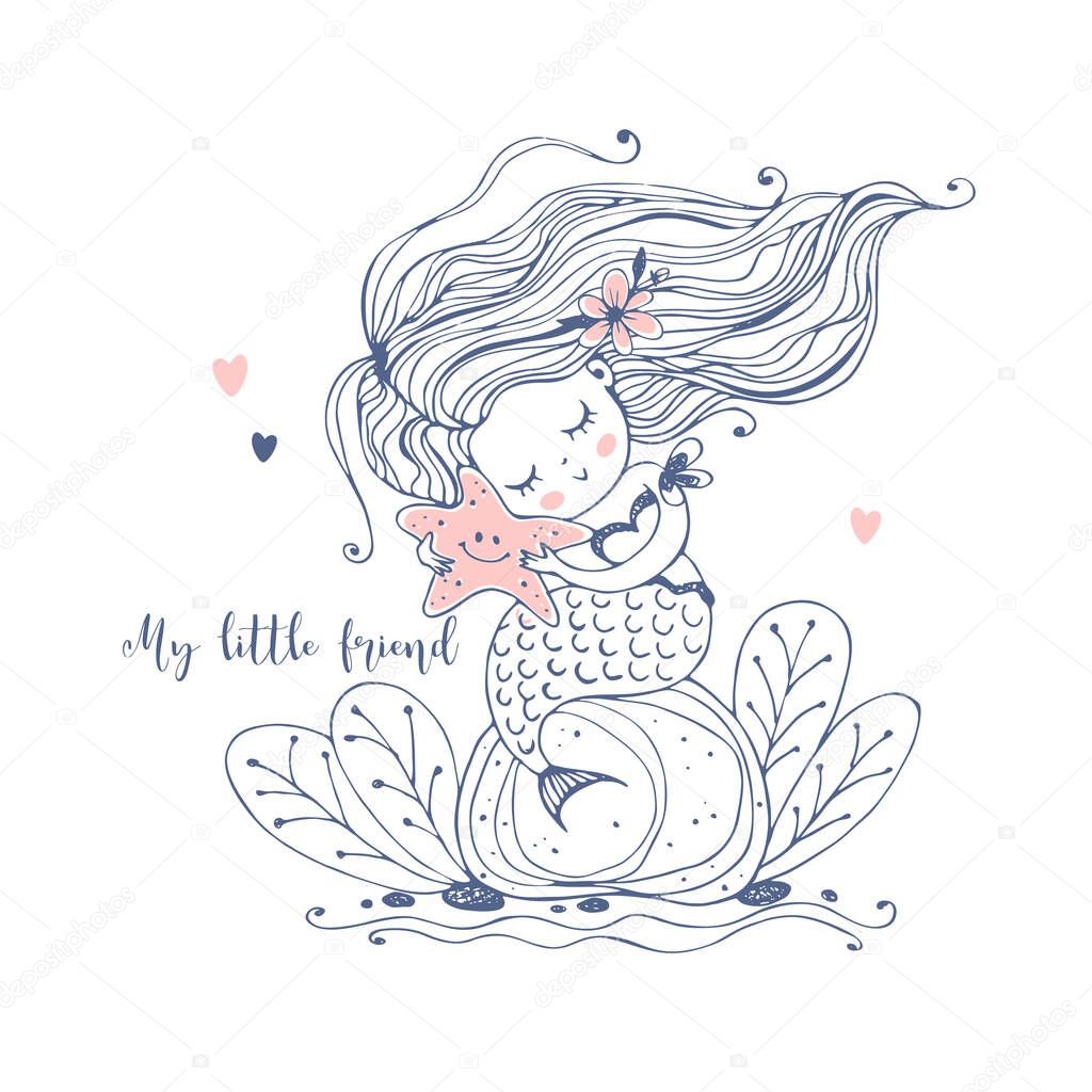 A cute little mermaid sits on a rock and holds a starfish in her hands. Vector.