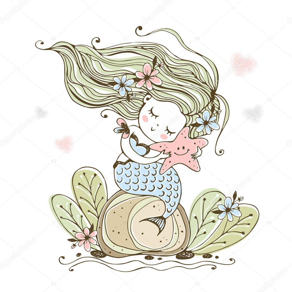 A cute little mermaid sits on a rock and holds a starfish in her hands. Vector 