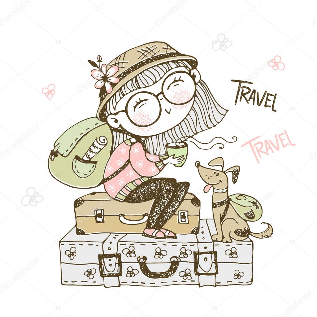 Cute girl tourist with a backpack sitting on suitcases with her dog. Vector