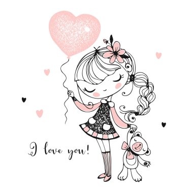 Oyuncak ayısı ve kalp şeklinde bir balonu olan tatlı bir kız. Vektör