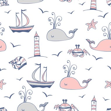 Seamless pattern on a marine theme with ships and whales. Vector. clipart