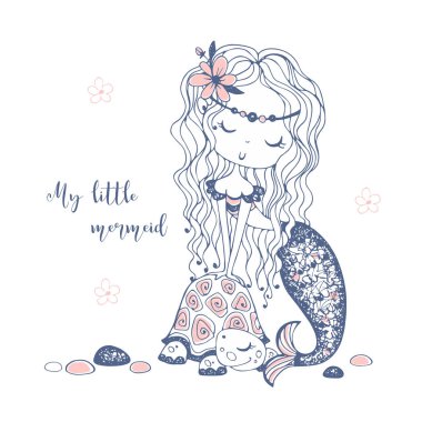 Kaplumbağalı şirin bir deniz kızı. Doodle tarzı. Vektör