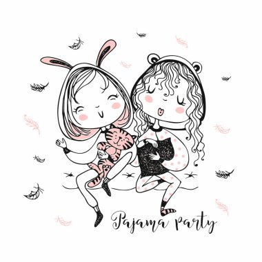 Pijamalı tatlı kızlar pijama partisinde eğlenirler. Vektör