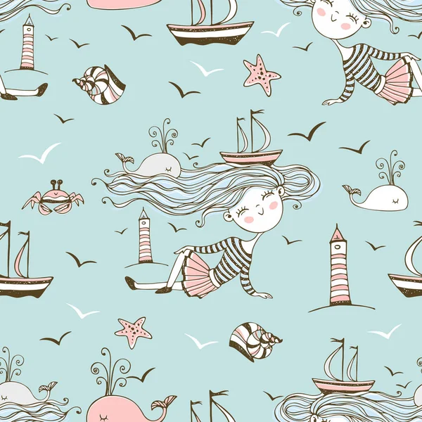 Seamless pattern on the theme of summer and the sea with cute girls on the beach. Vector.