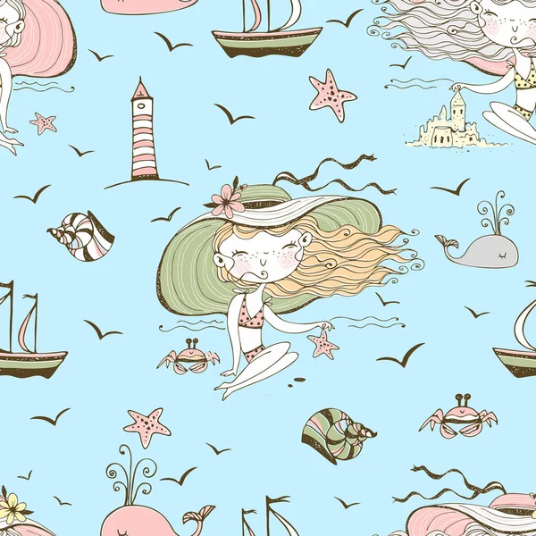 Бесшовный Узор Тему Лета Моря Милыми Девушками Пляже Вектор — стоковый вектор