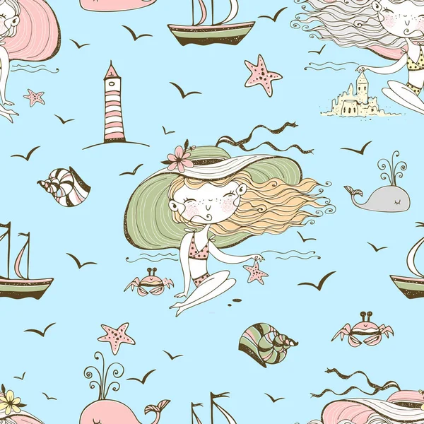 Seamless pattern on the theme of summer and the sea with cute girls on the beach. Vector.