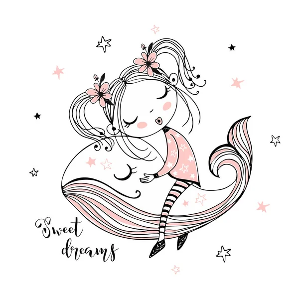 Χαριτωμένο Κορίτσι Που Κοιμάται Γλυκά Μια Μαγική Φάλαινα Γλυκό Όνειρο — Διανυσματικό Αρχείο