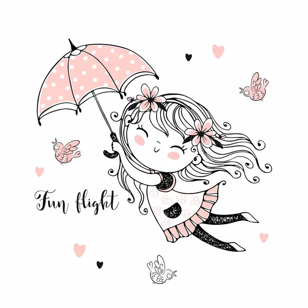 Little Cute Girl Flying Umbrella Vector — Stock Vector