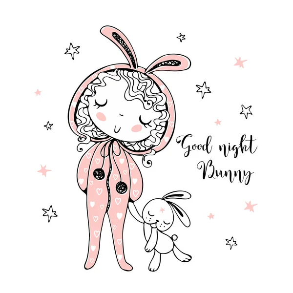 一个穿着睡衣 形似兔子的可爱女孩要和一个玩具一起睡了 是时候睡觉了B — 图库矢量图片