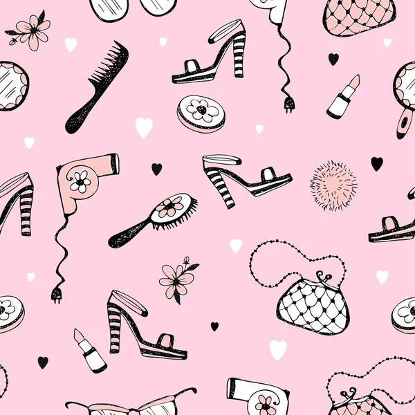 Seamless pattern with cosmetics and women's accessories. Vector