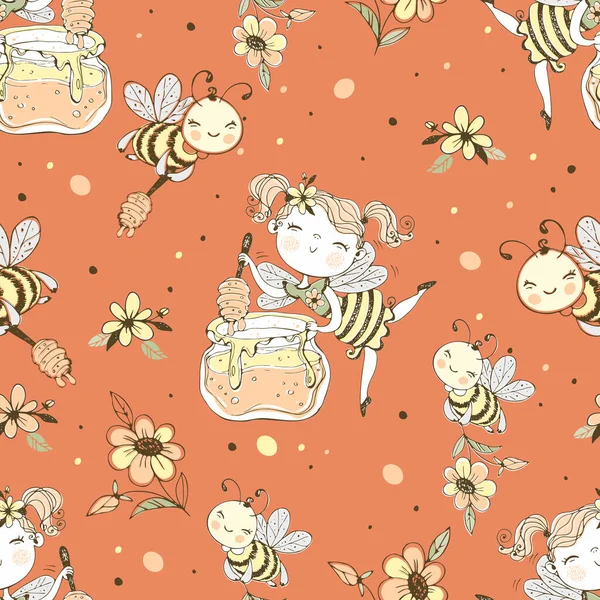 Seamless Pattern Flower Fairy Honey Bees Vector — ストックベクタ