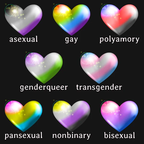 Ensemble d'icônes de coeur avec des couleurs de drapeau queer — Image vectorielle