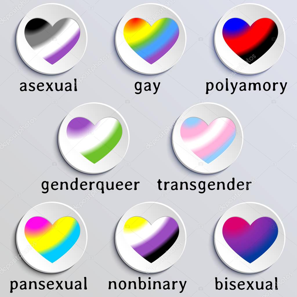 Set of heart icons with queer flag colors