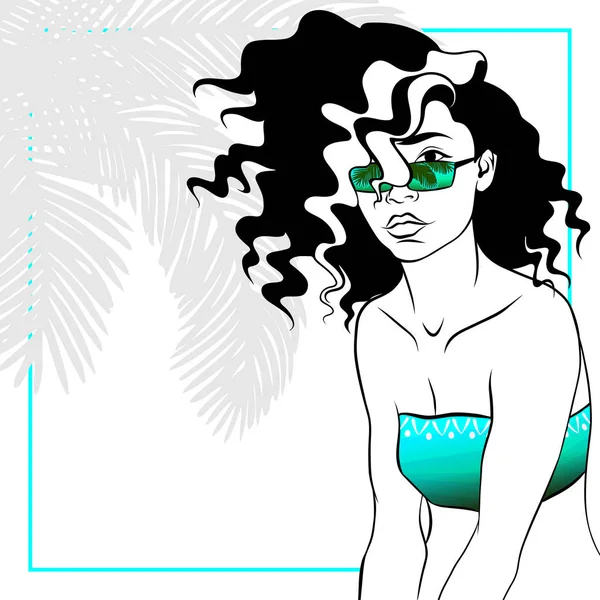 Femme aux cheveux bouclés en bikini — Image vectorielle