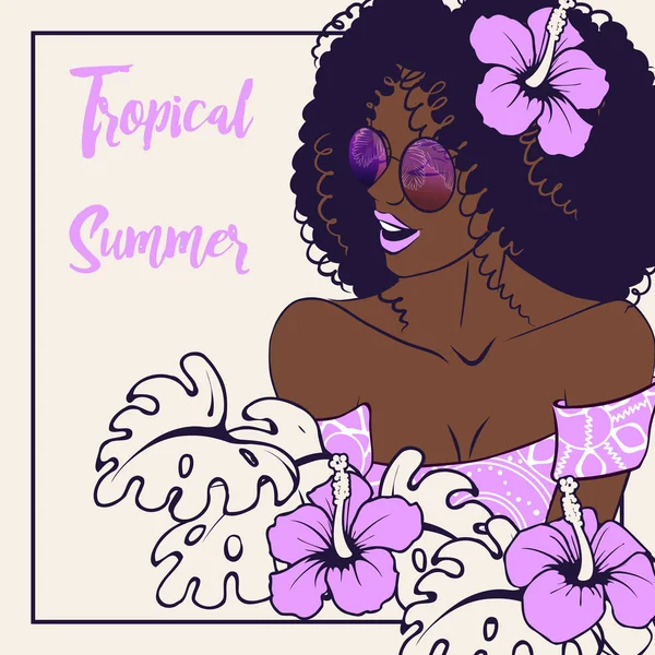 Ilustración tropical con mujer de piel oscura — Vector de stock