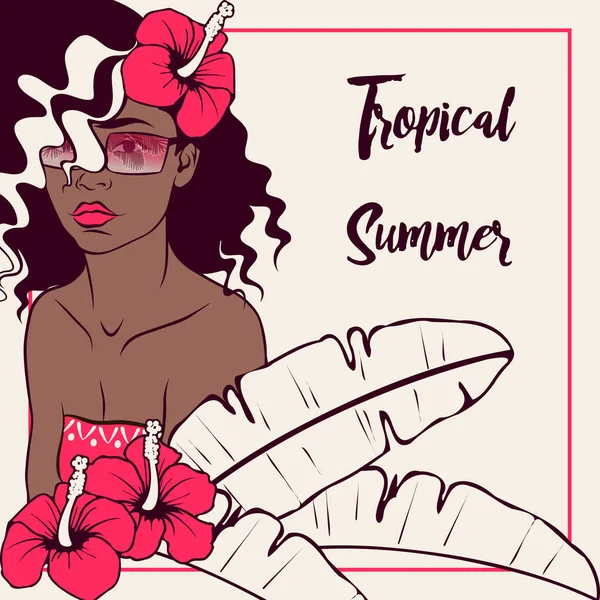 Ilustração tropical com mulher de pele escura —  Vetores de Stock