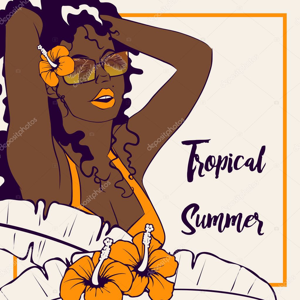 Tropical illustration with dark-skinned woman