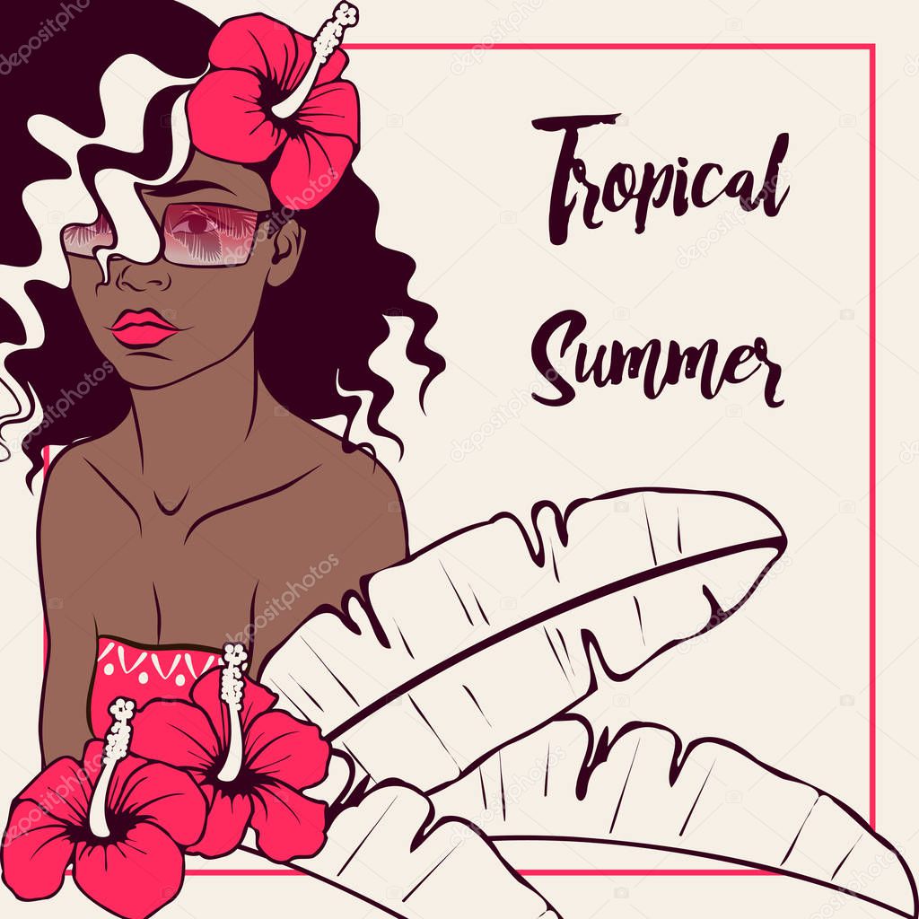 Tropical illustration with dark-skinned woman
