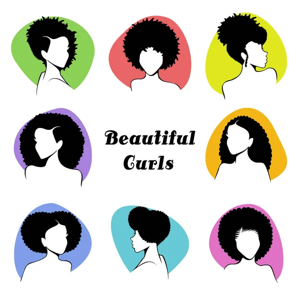 Set of stylized women's busts with curly hair — Stock Vector