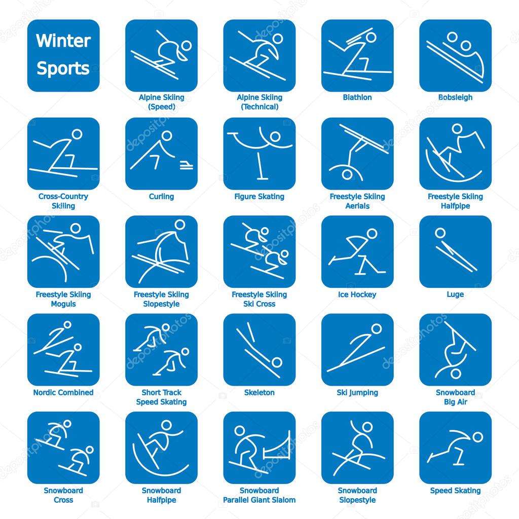 Set of 24 icons of winter sports featured in the Olympic games. Graphics are grouped and in several layers for easy editing. The file can be scaled to any size.