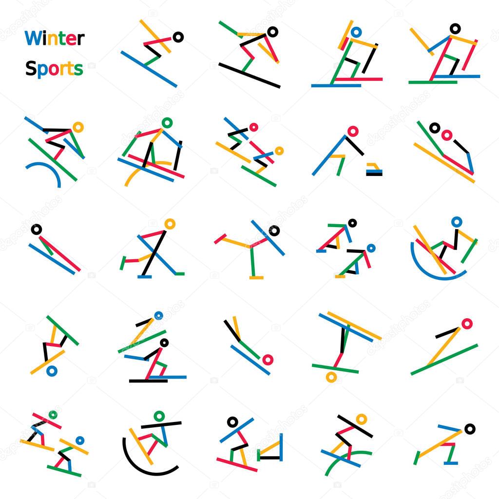 Set of 24 colorful stick figures of winter sports featured in the Olympic games. Graphics are grouped and in several layers for easy editing. The file can be scaled to any size.