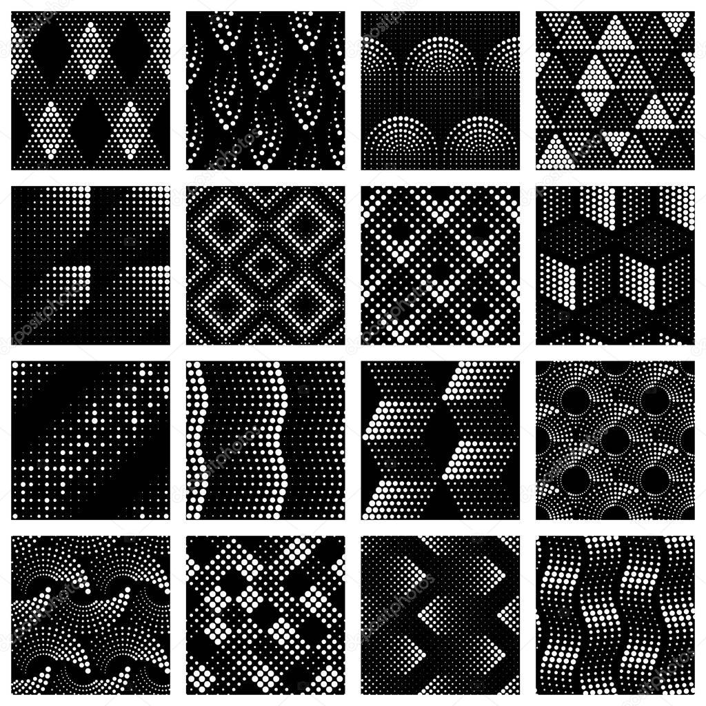 16 seamless patterns made of halftone-like sets of dots. 