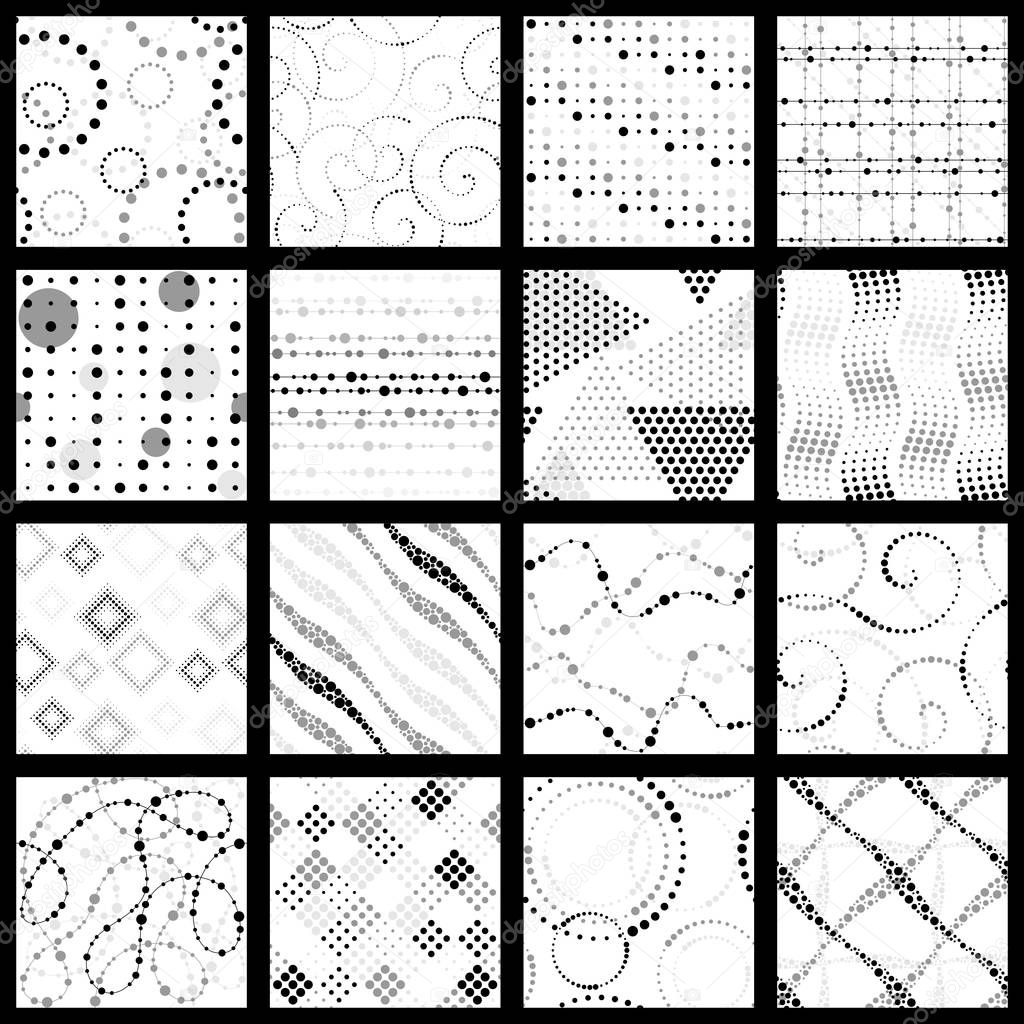 16 elegant greyscale minimalistic seamless patterns made of dots. 