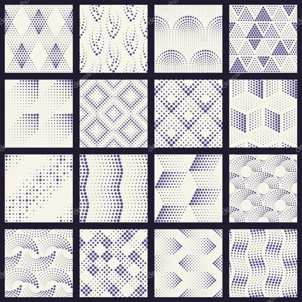 16 seamless patterns made of halftone-like sets of dots. 