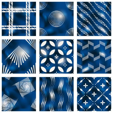 Batik kumaş baskılar gibi görünmek için yapılmış 9 zarif detaylı mavi ve bej Dikişsiz desen. 