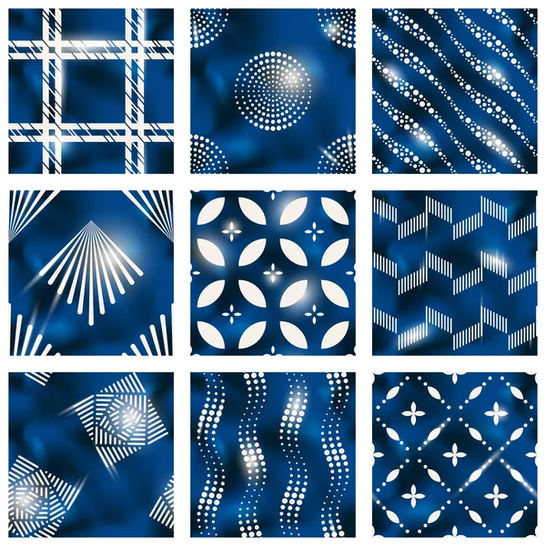 Batik kumaş baskılar gibi görünmek için yapılmış 9 zarif detaylı mavi ve bej Dikişsiz desen. 