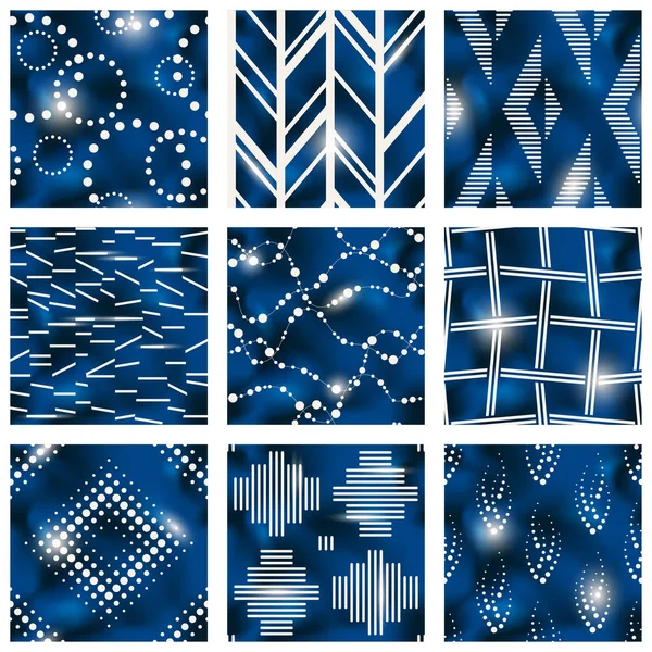 stock vector 9 elegant detailed blue and beige seamless patterns made to look like batik fabric prints. 