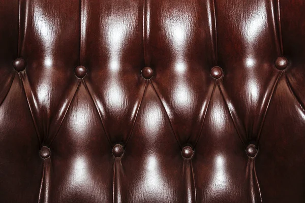 Brown leather cloth sewing with buttons intending for cushioned furniture texture background. Close up of an antique sofa. Graphic resource for a vintage design.