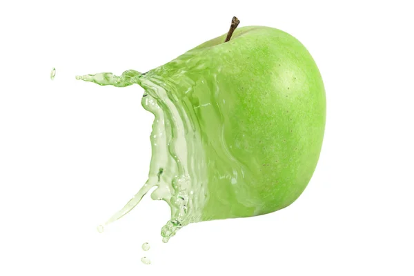 Köstlicher Grüner Apfel Explodiert Und Wird Erfrischendem Apfelsaft Isoliert Auf — Stockfoto
