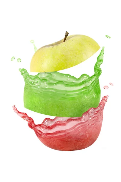 Delicious Slices Juicy Yellow Green Red Apple Explode Turn Refreshing — Stock Photo, Image