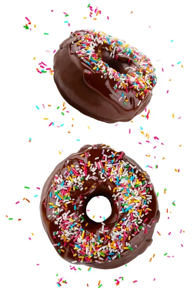 Апетитні Шоколадні Глазуровані Пончики Прикрашені Розтопленим Шоколадом Багатьма Кольоровими Зморшками — стокове фото