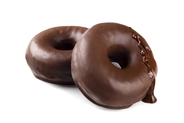 Аппетитные Вкусные Глазированные Пончики Готовые Употреблению Расплавленным Шоколадом Белом Фоне — стоковое фото