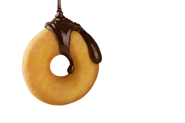 Гарячий Розтоплений Шоколад Плинно Падає Смачний Пончик Ізольований Білому Тлі — стокове фото