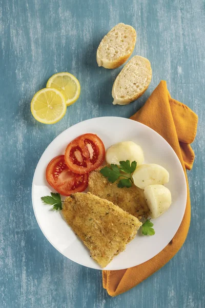 Vertical Top View Healthy Baked Battered Fish Seasoned Fresh Parsley — Stock Photo, Image